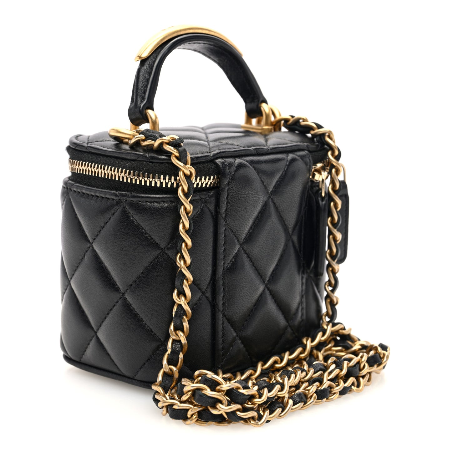 Lambskin Quilted Metal Mini Top Handle Vanity Case With Chain Black