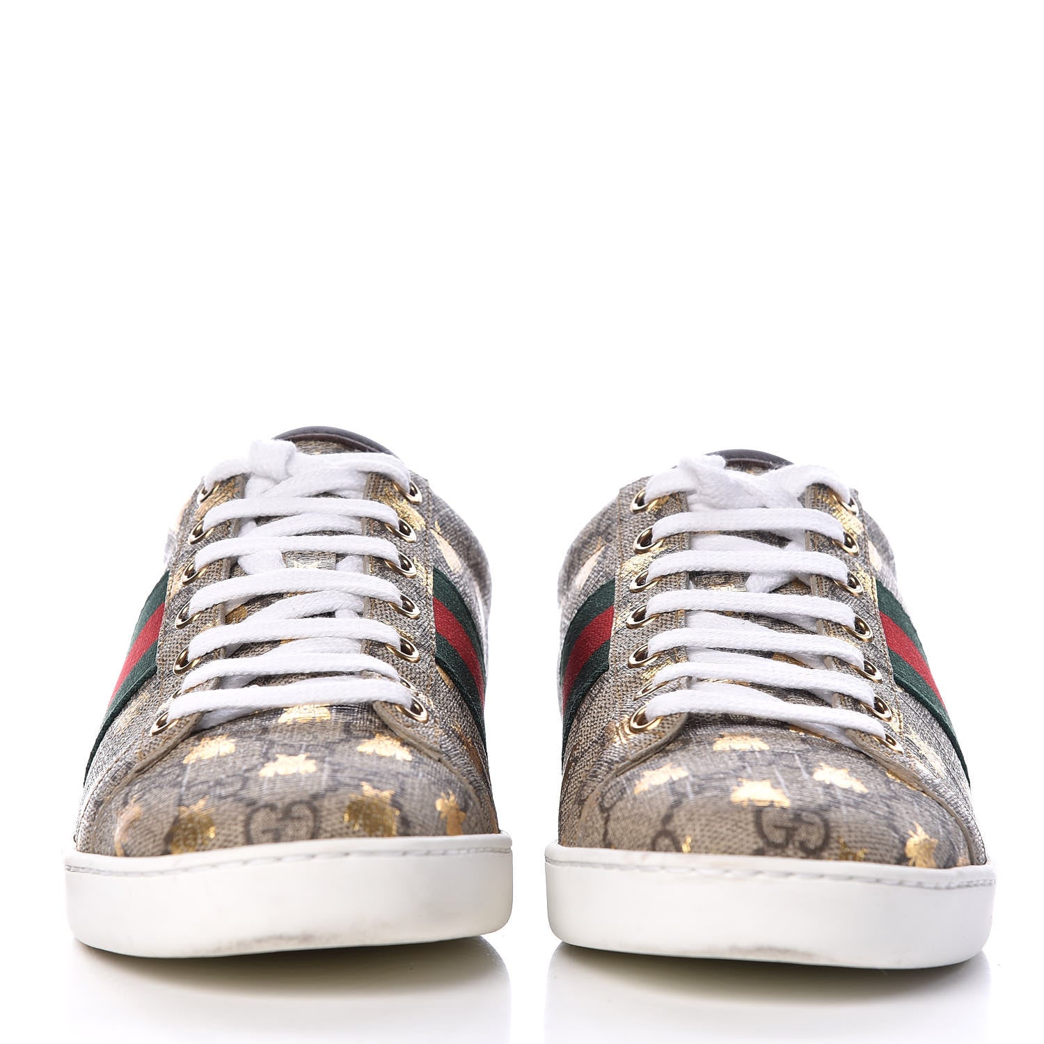 Gucci GG Supreme Monogram Bees Ayers Web Womens Ace Sneakers 38 Beige Oro Green Red 3 of 13