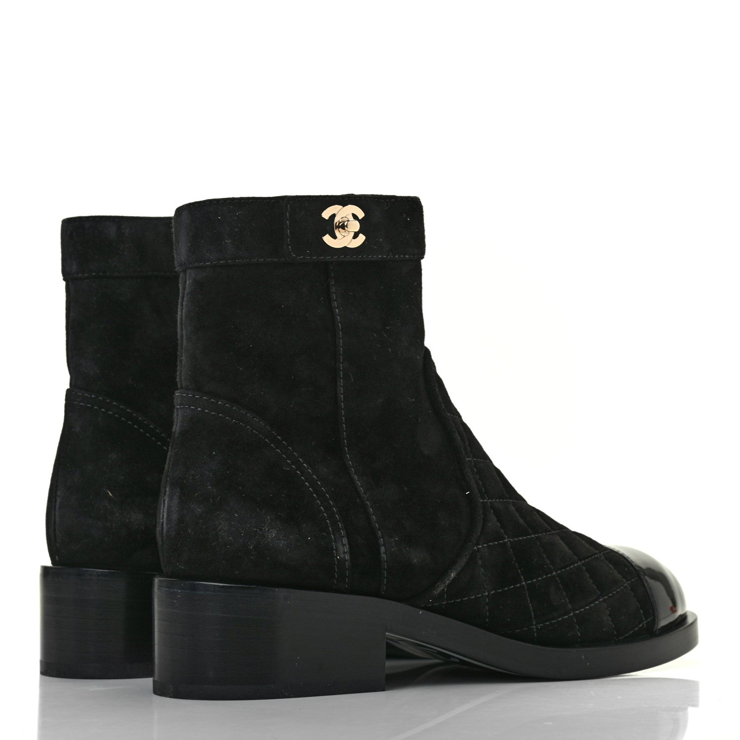 Chanel Suede Patent Calfskin Quilted Cap Toe Short Boots 37.5 Black 4 of 8
