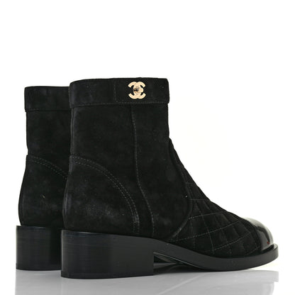 Chanel Suede Patent Calfskin Quilted Cap Toe Short Boots 37.5 Black 4 of 8