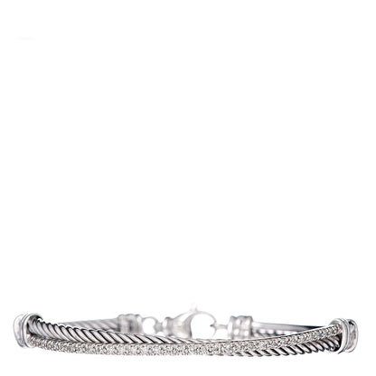 David Yurman Sterling Silver 14K White Gold Diamond 3mm Crossover Bracelet 1 of 4