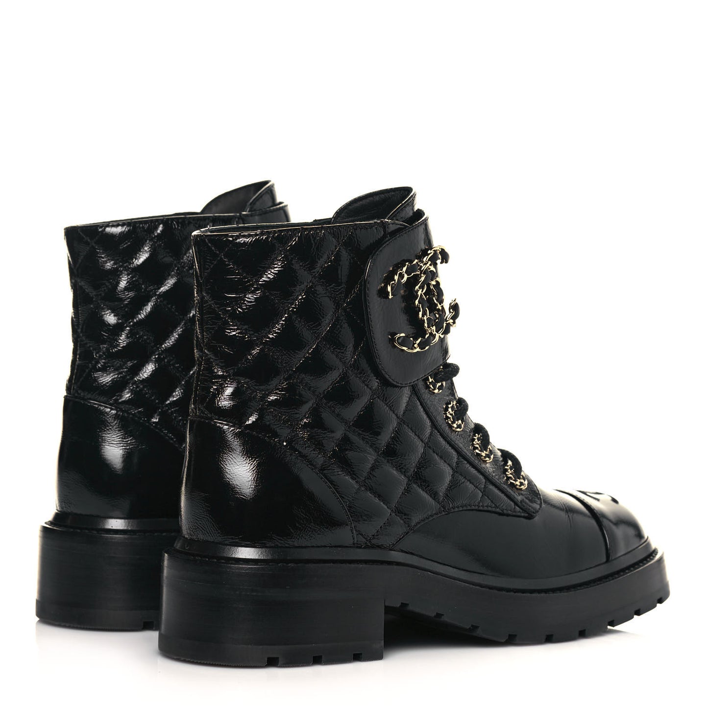 Shiny Calfskin Quilted Lace Up Combat Boots 36.5 Black