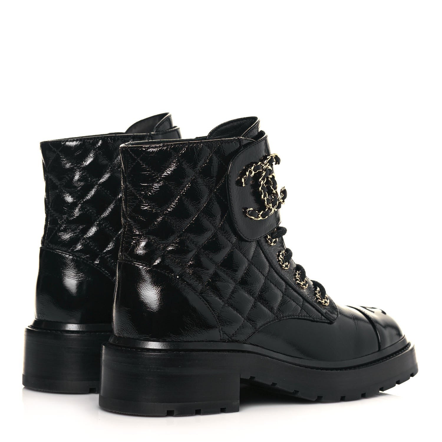 Chanel Shiny Calfskin Quilted Lace Up Combat Boots 36.5 Black 4 of 7