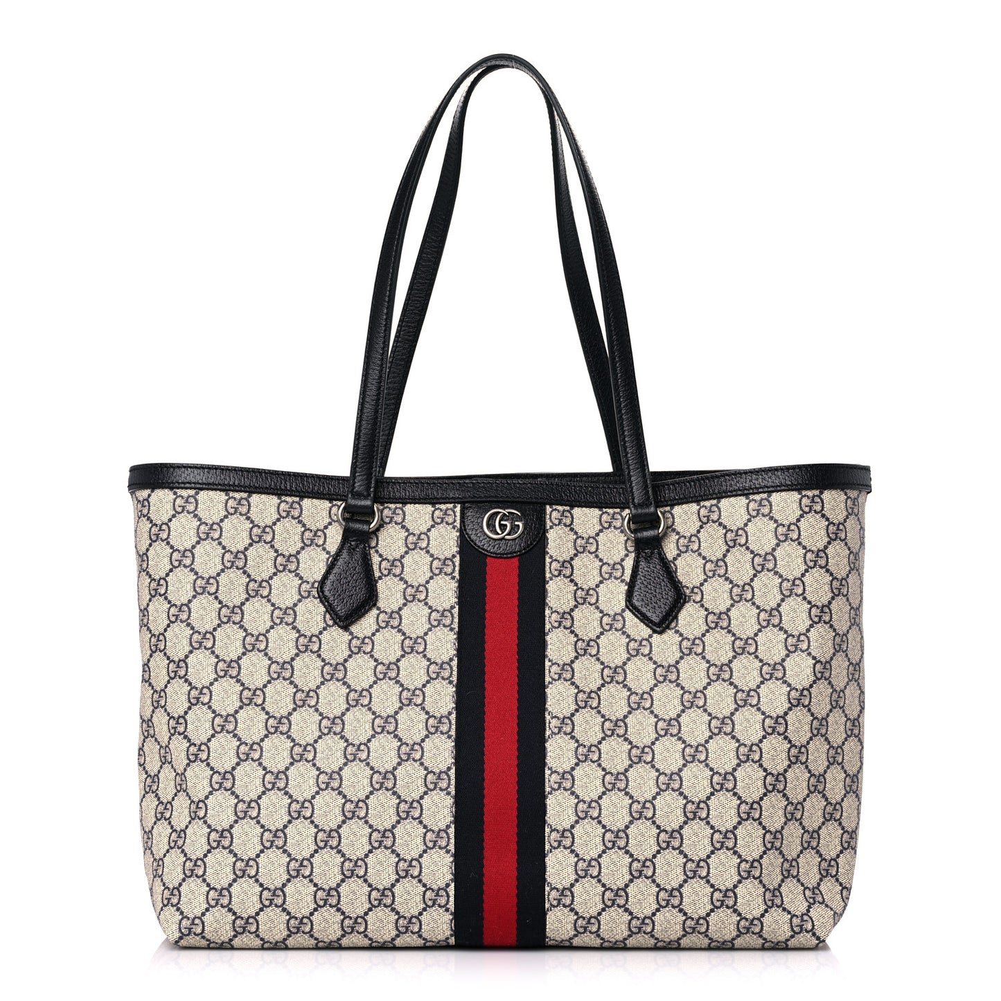 GG Supreme Monogram Textured Calfskin Web Medium Ophidia Shopping Tote Beige Blue