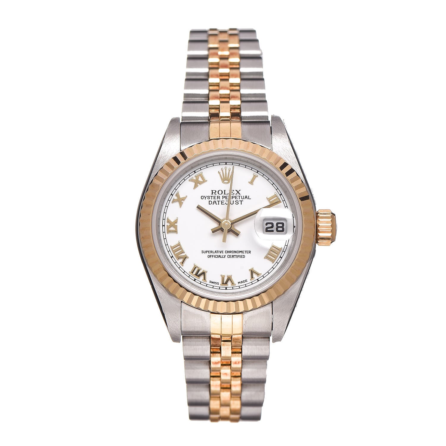 Rolex Stainless Steel 18K Yellow Gold 26mm Oyster Perpetual Datejust Watch White Roman 79173 1 of 6