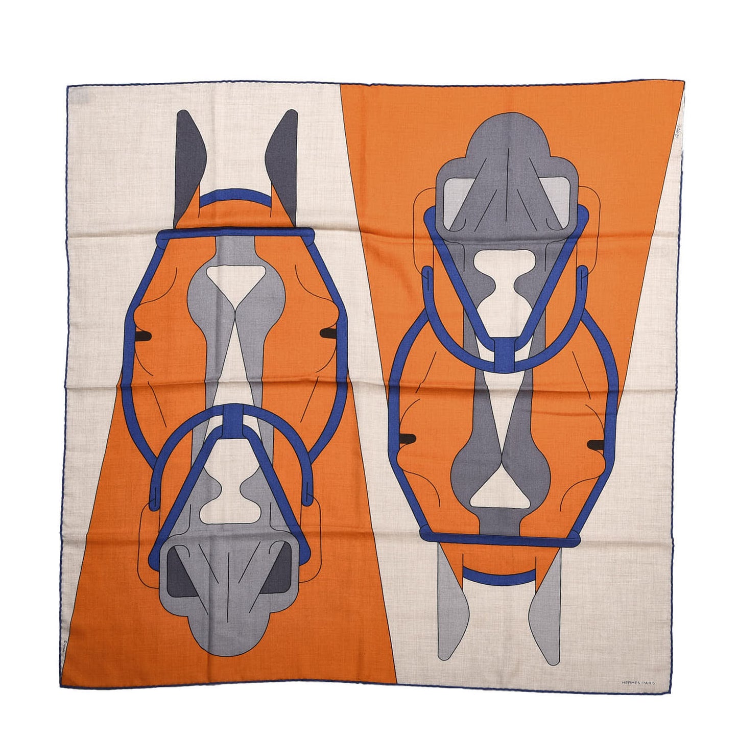 Cashmere Silk Tete a Tete Equestre Scarf 100 Naturel Orange Bleu Saphir