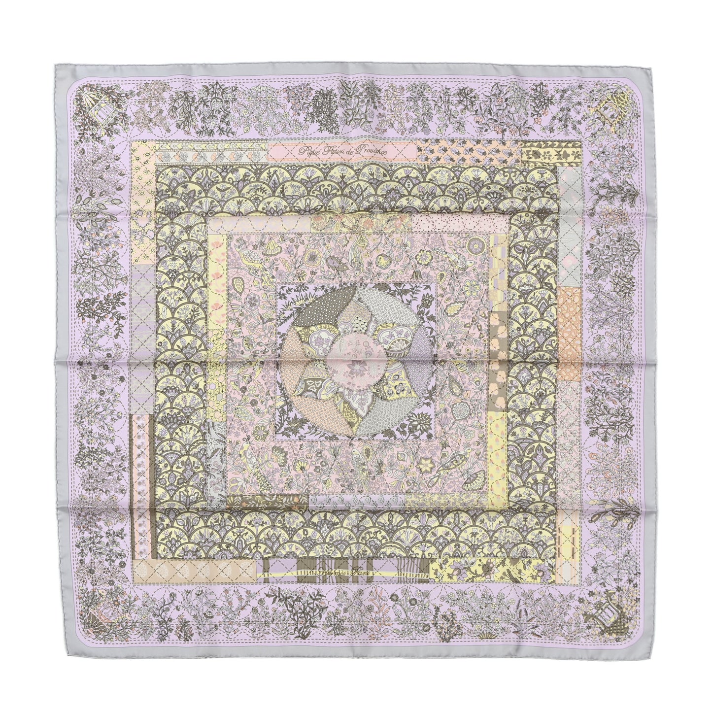 Silk Pique Fleuri de Provence Scarf 90 Gris Perle Lilas Rose Poudre