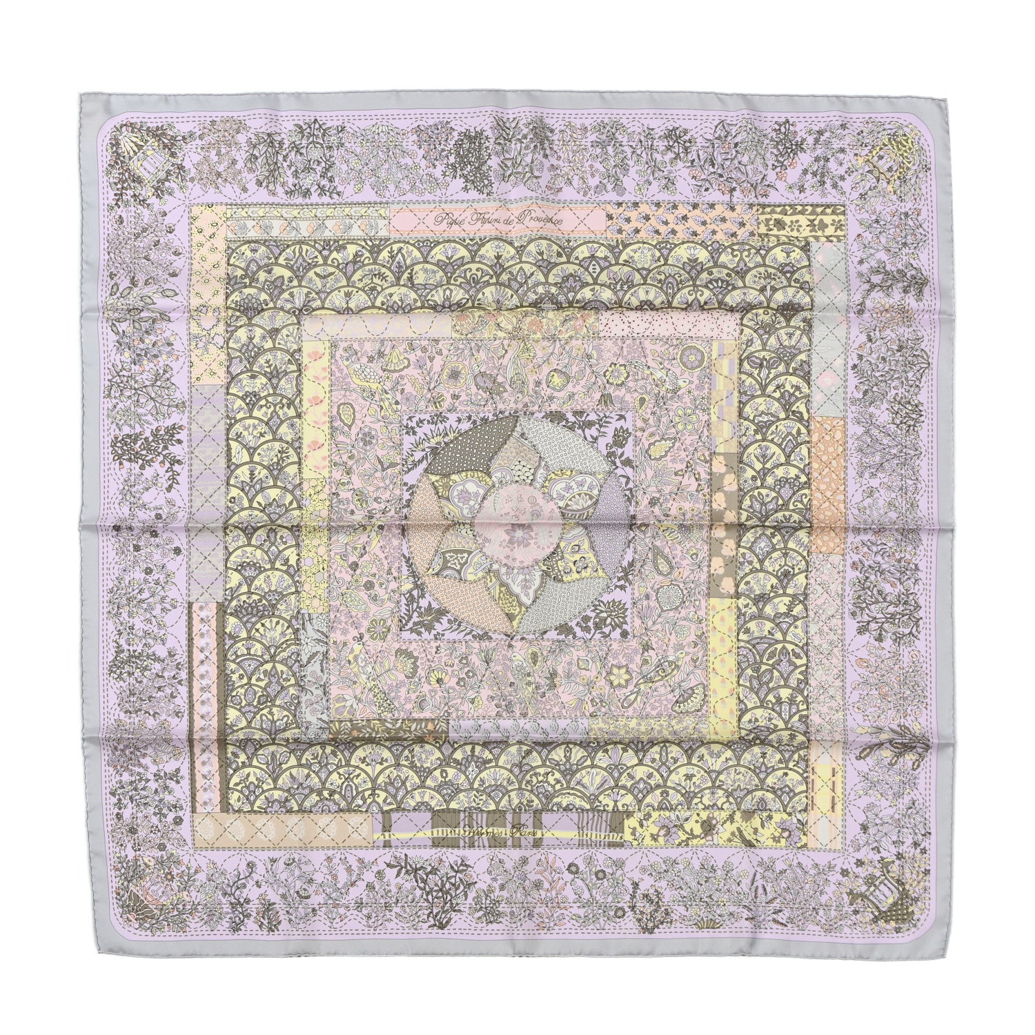 Hermes Silk Pique Fleuri de Provence Scarf 90 Gris Perle Lilas Rose Poudre 1 of 6