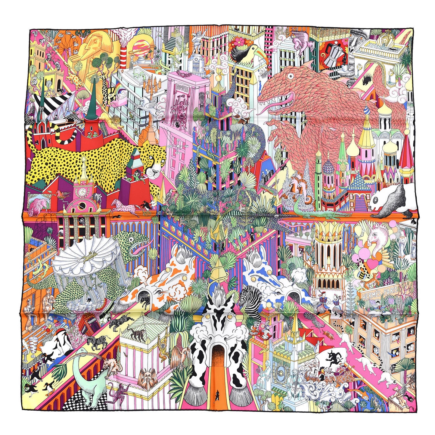 Silk Animapolis Scarf 90 Jaune Vif Vert Rose