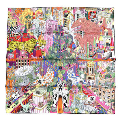 Hermes Silk Animapolis Scarf 90 Jaune Vif Vert Rose 1 of 8