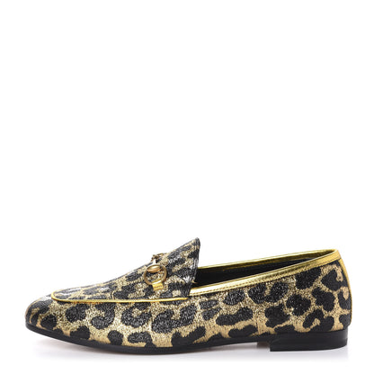 Gucci Jacquard Leopard Print Horsebit Womens Jordaan Loafers 37.5 Gold 1 of 11