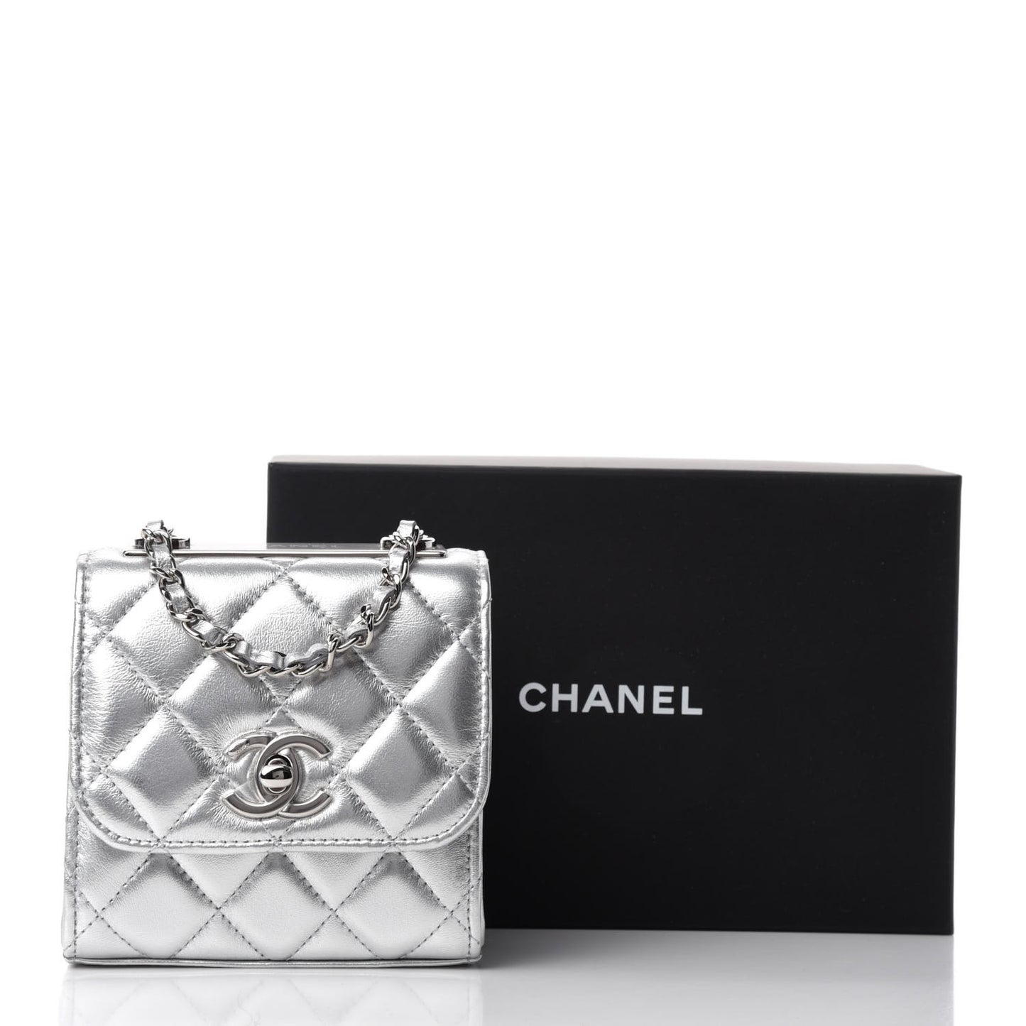 Metallic Lambskin Quilted Mini Trendy CC Clutch With Chain Silver