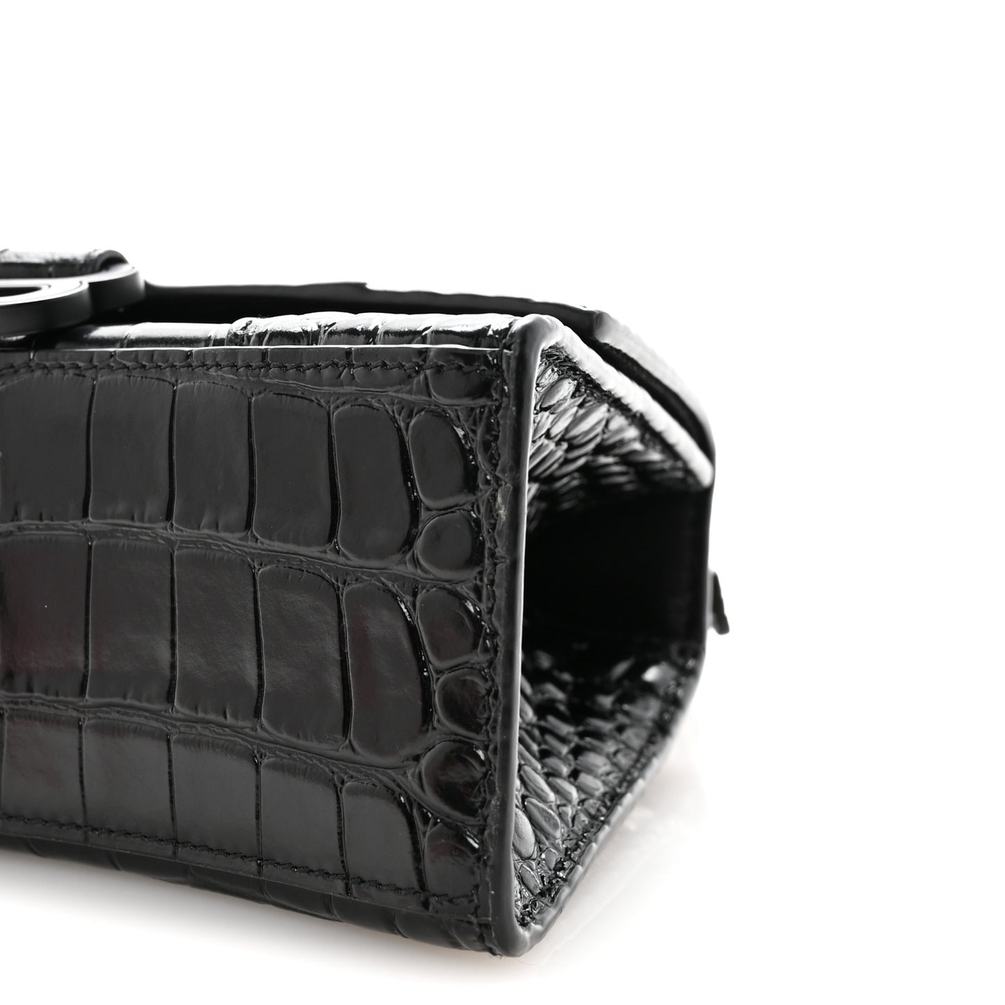 Shiny Calfskin Monochrome Crocodile Embossed Hourglass Top Handle Bag XS Black
