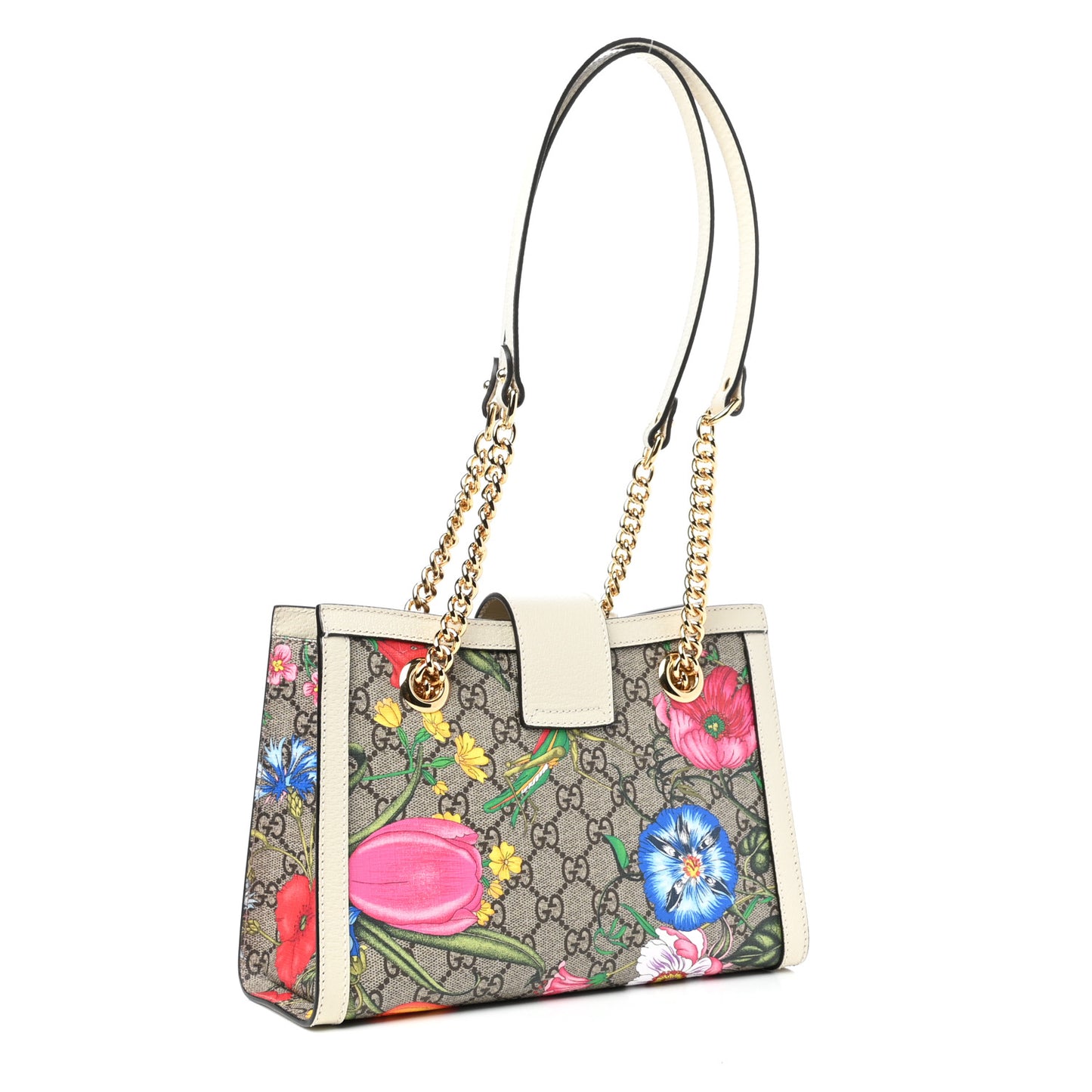 GG Supreme Monogram Flora Textured Calfskin Small Padlock Tote Beige Ebony Multicolor Mystic White