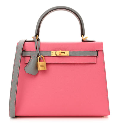 Hermes Epsom Bi-Color Horseshoe Kelly Sellier 25 Rose Azalee Gris Mouette 1 of 11