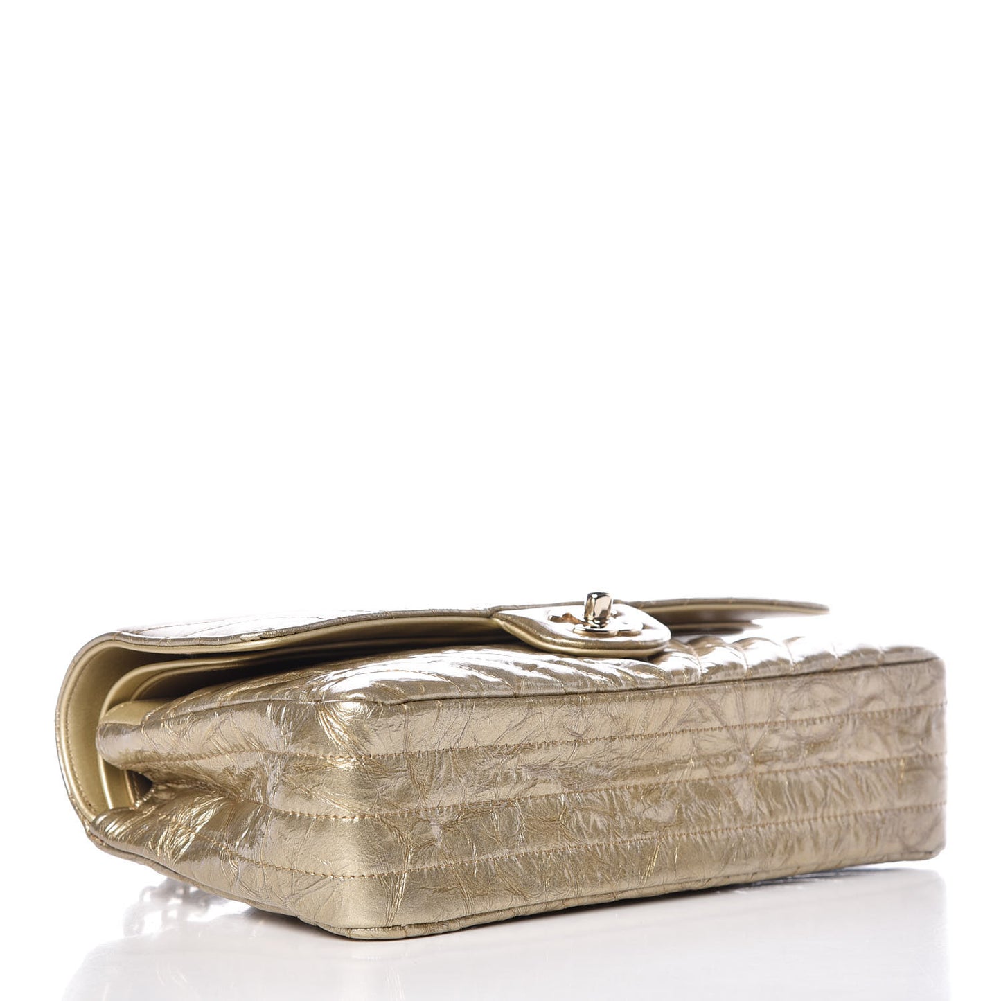 Metallic Patent Crumpled Calfskin Chevron Quilted Medium Double Flap Gold
