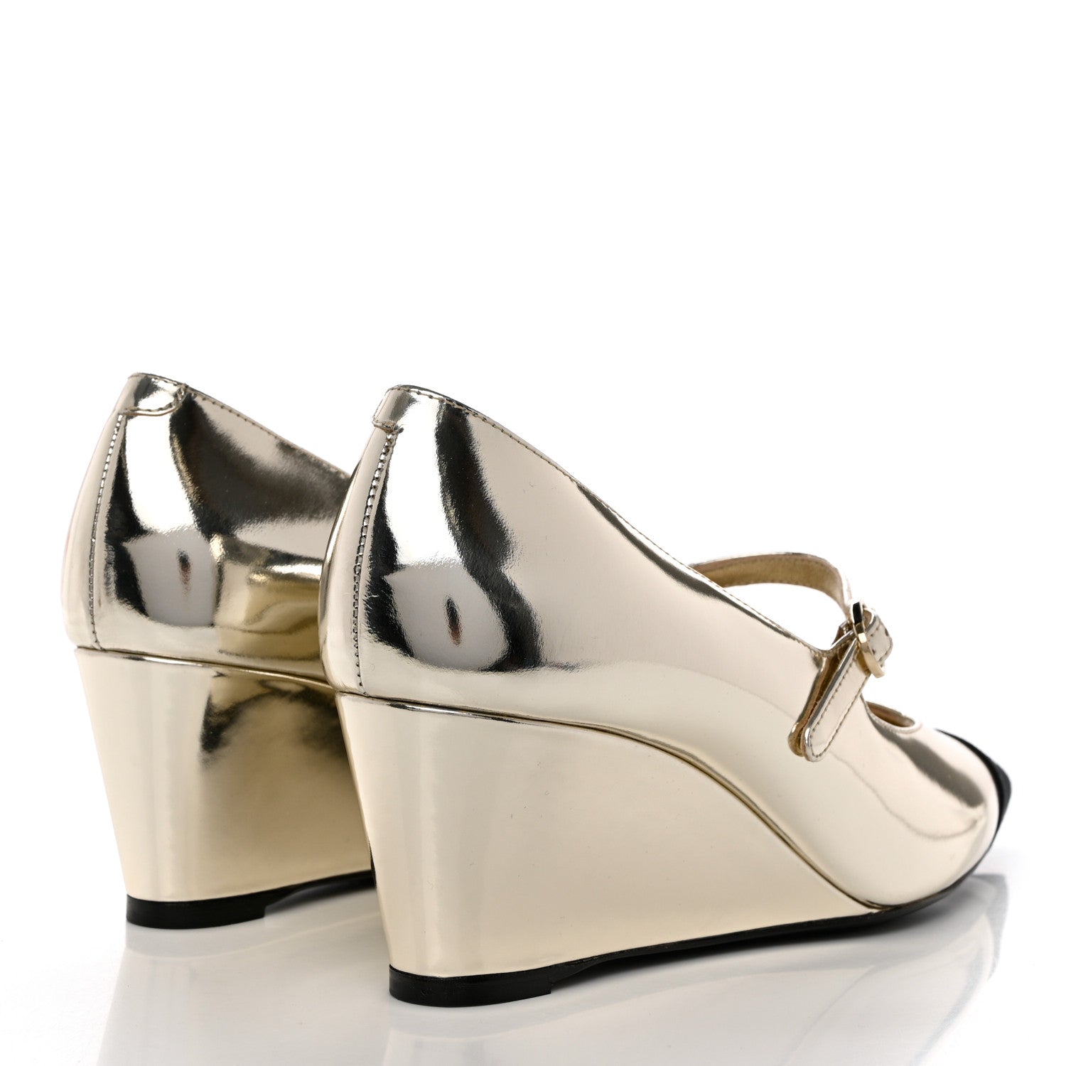 Chanel Laminated Calfskin Grosgrain Cap Toe CC Pointed Toe Wedge Pumps 38 Gold Black 4 of 9