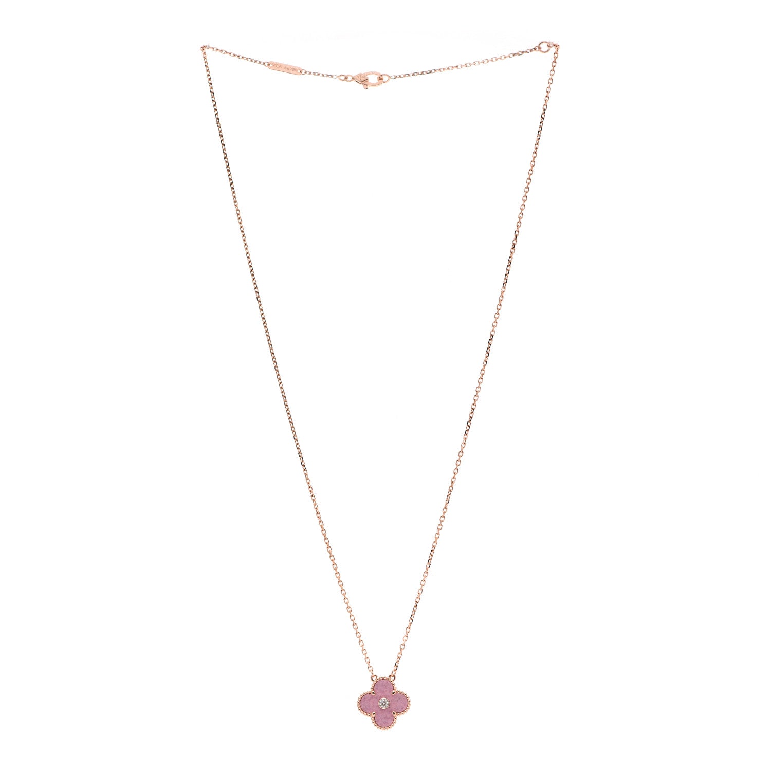 Van Cleef & Arpels 18K Rose Gold Diamond Rhodonite Vintage Alhambra Pendant Necklace 3 of 7