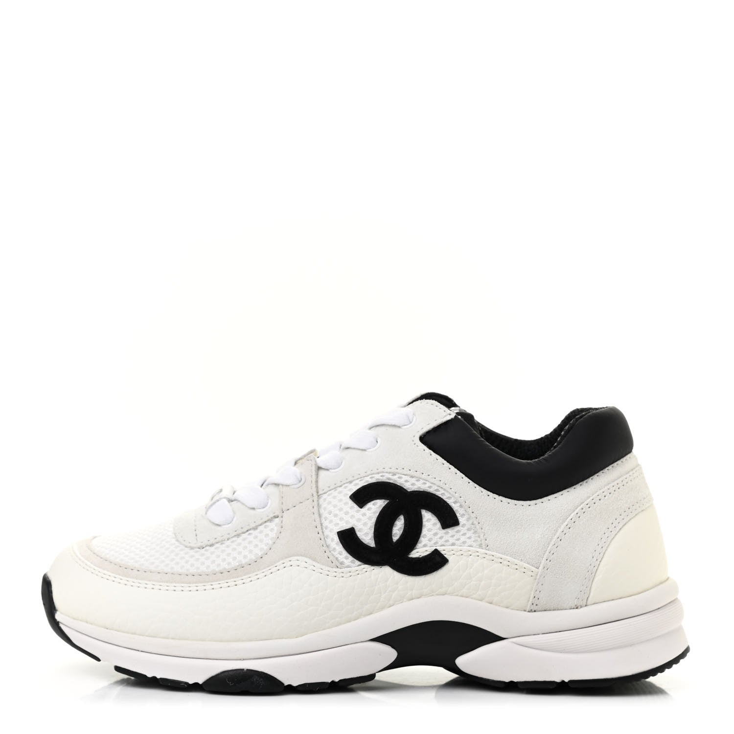 Chanel Mesh Suede Calfskin Grained Calfskin Womens CC Sneakers 37 White Black 1 of 7