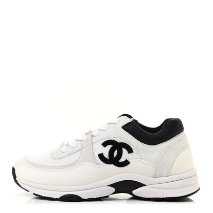 Chanel Mesh Suede Calfskin Grained Calfskin Womens CC Sneakers 37 White Black 1 of 7