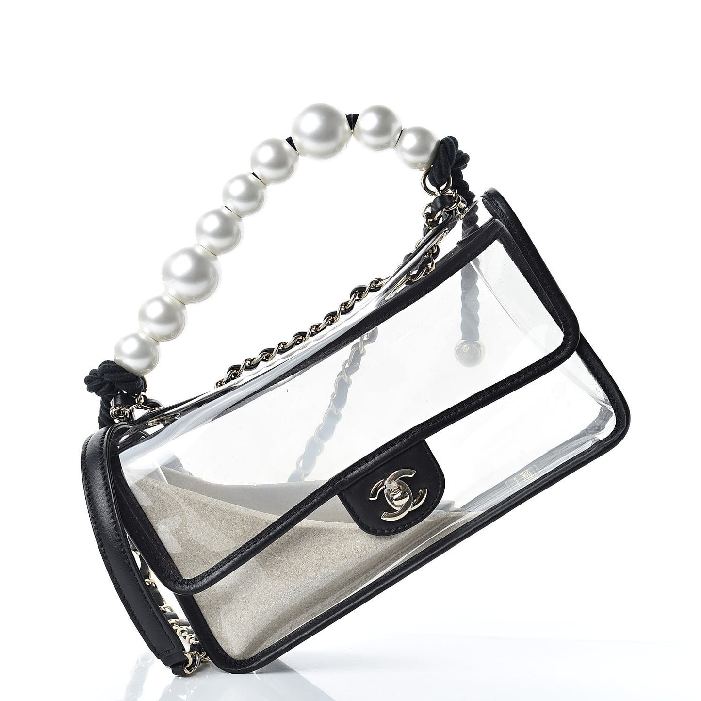 Lambskin PVC Sand By The Sea Flap With Pearl Strap Black