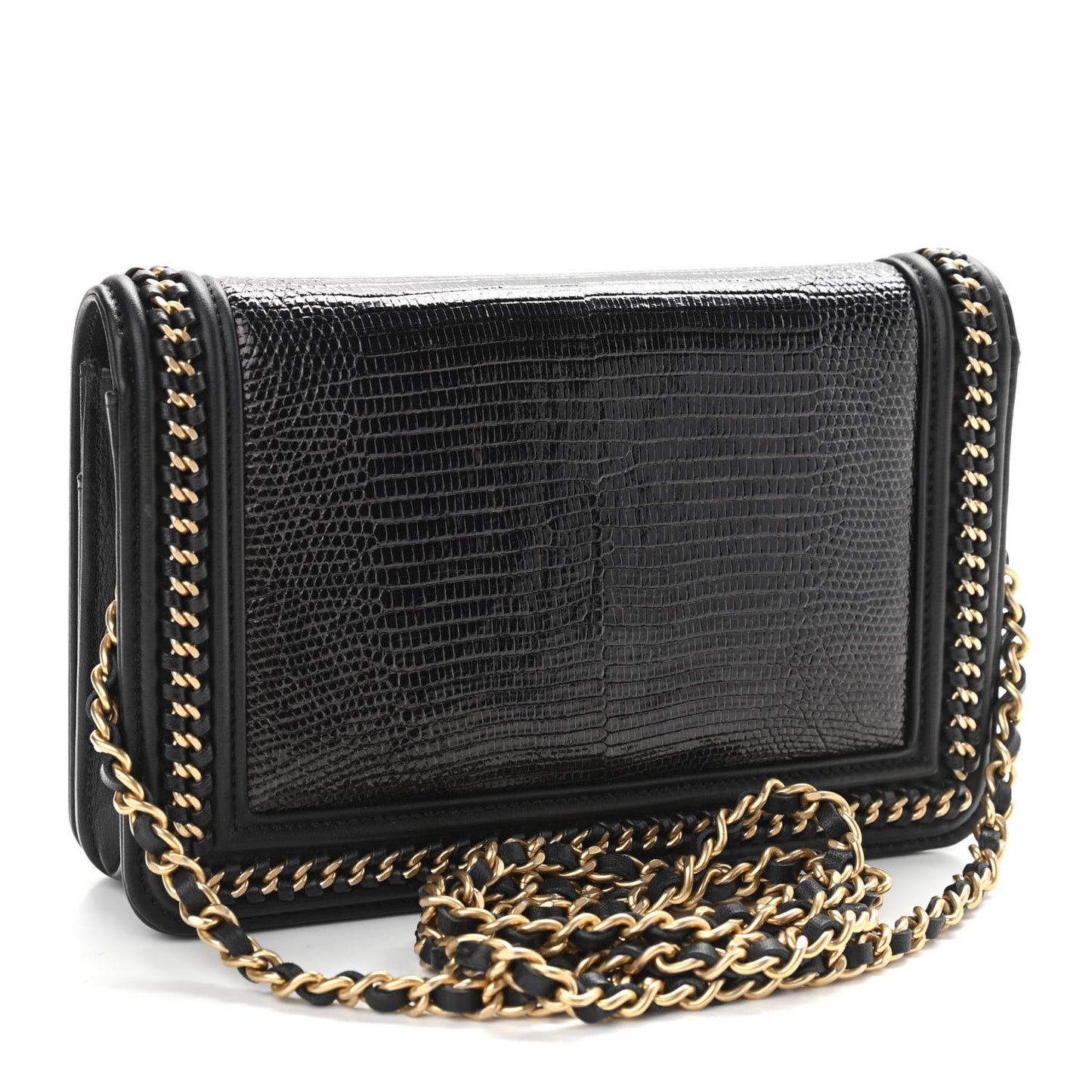 Lizard Lambskin Chain Around Boy Wallet on Chain WOC Black