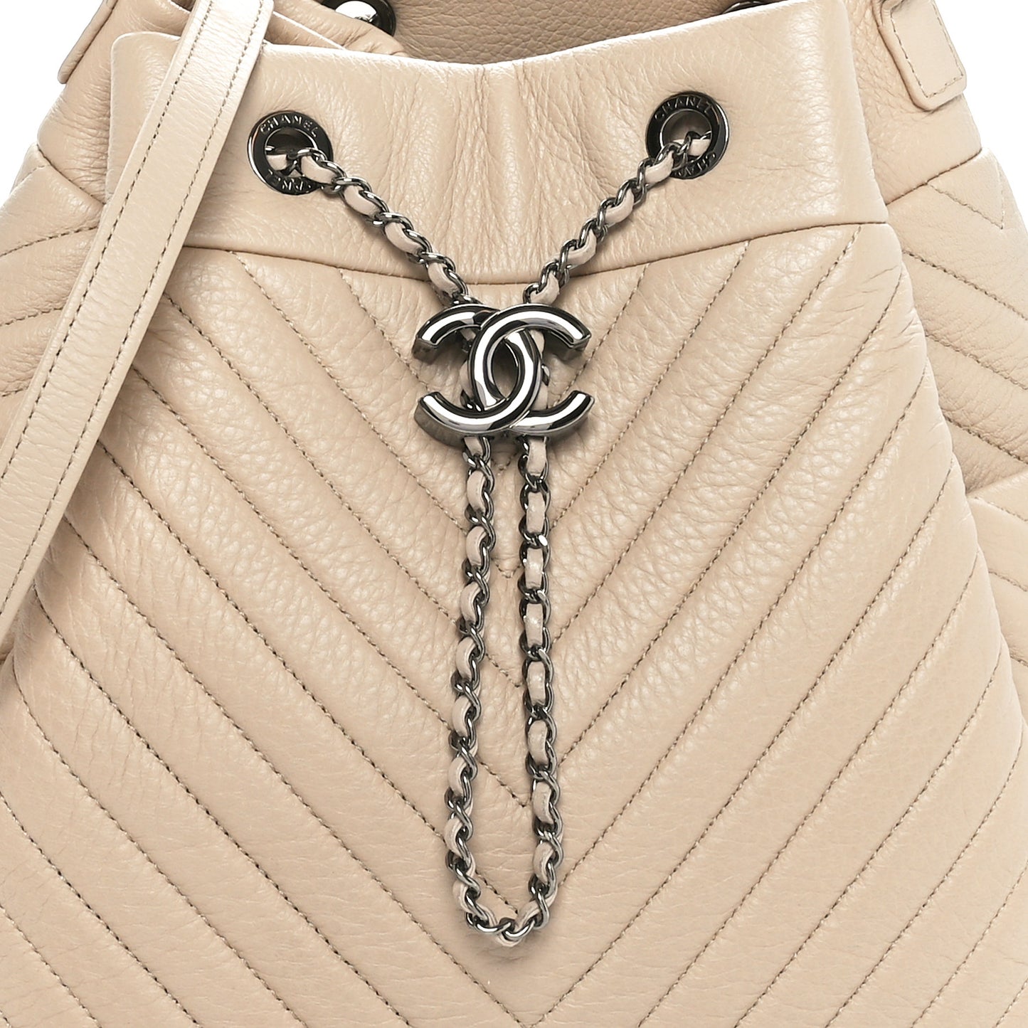 Deerskin Chevron Medium CC Chain Bucket Drawstring Bag Beige