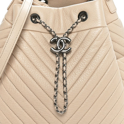 Chanel Deerskin Chevron Medium CC Chain Bucket Drawstring Bag Beige 8 of 10