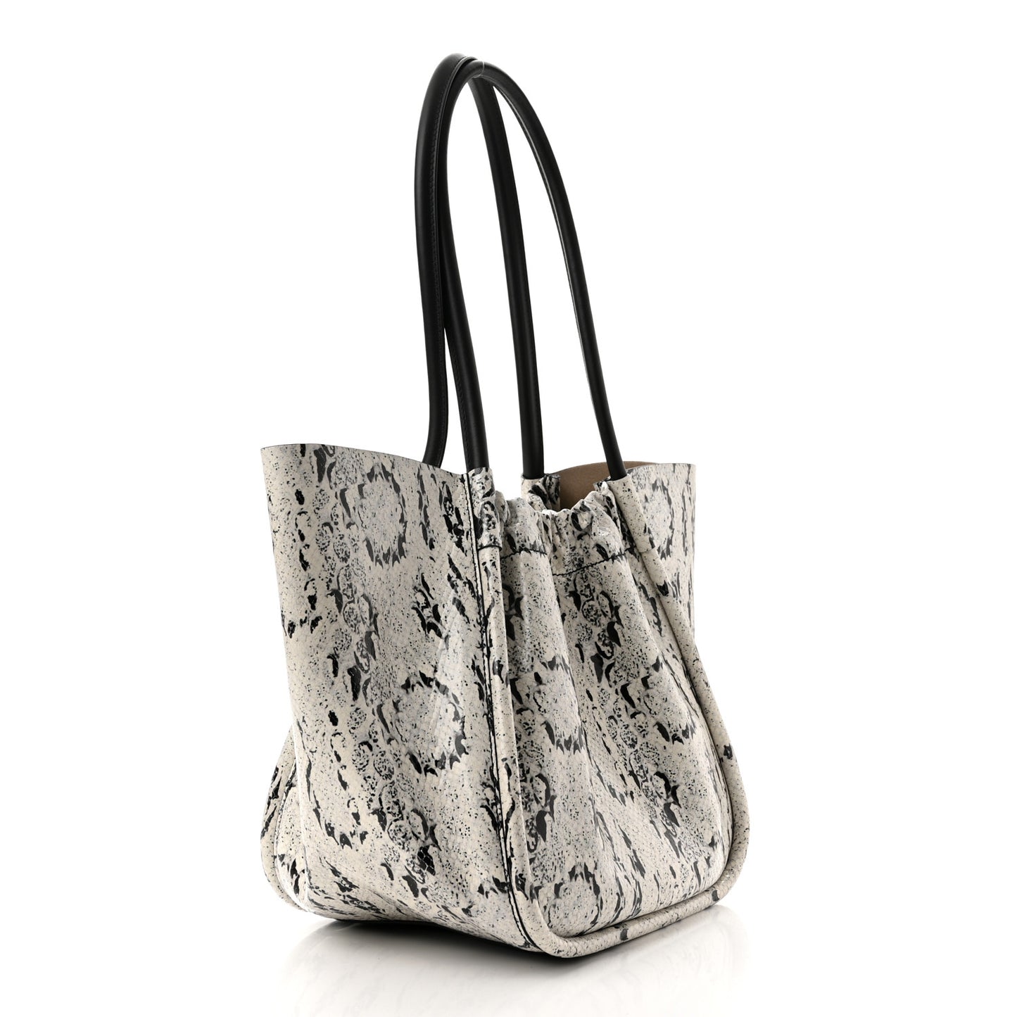 Calfskin Snakeskin Embossed Large Ruched Tote Optic White Black