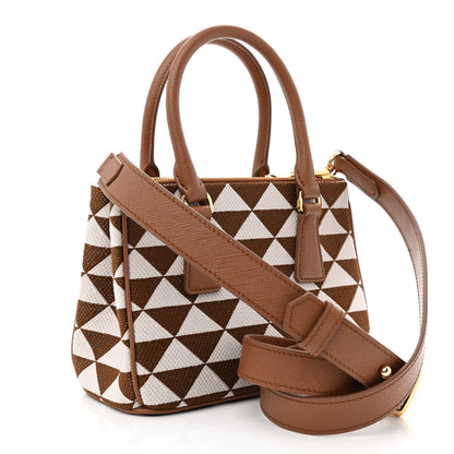 Prada Jacquard Saffiano Triangolo Symbole Embroidered Mini Galleria Double Zip Tote Tabacco Talco 3 of 12