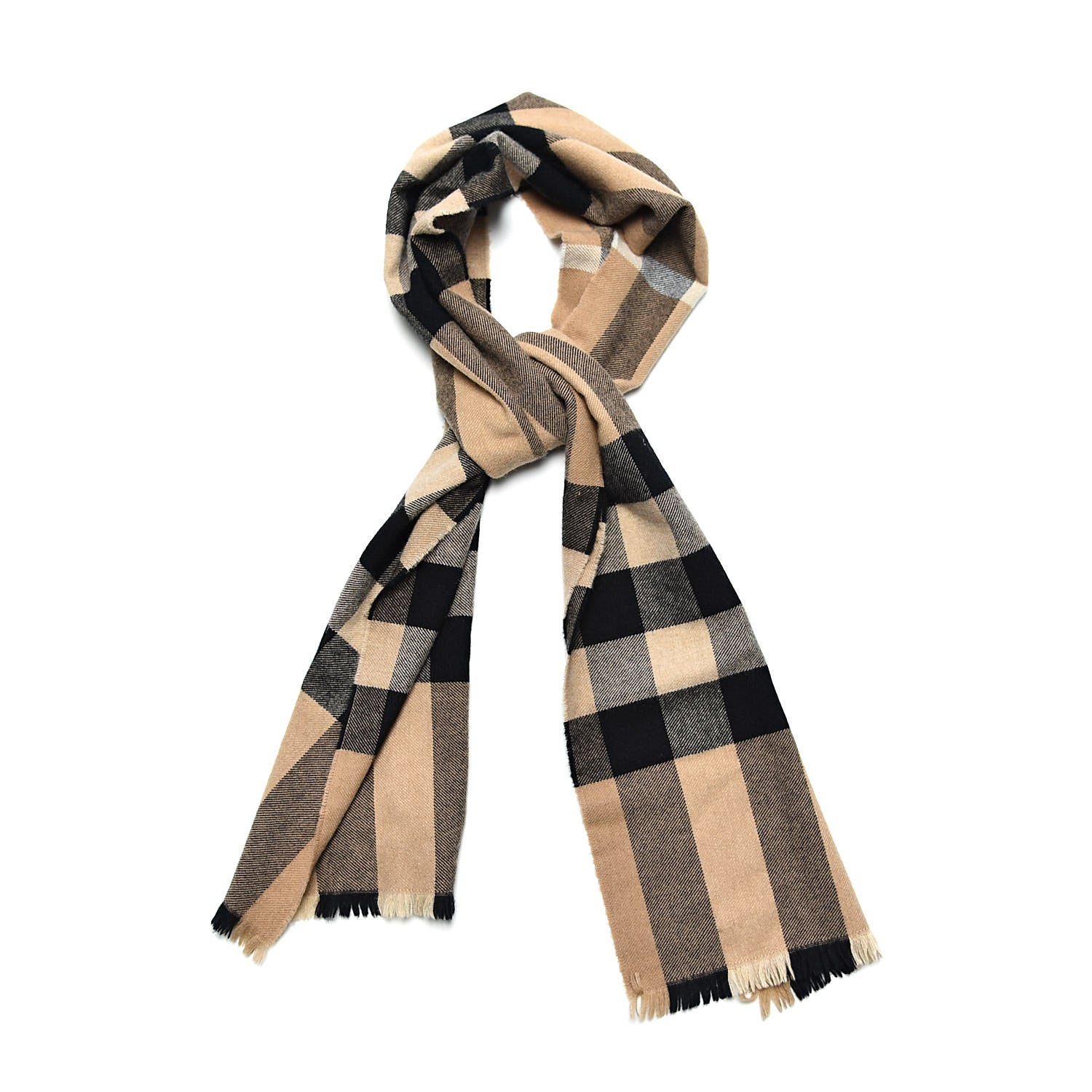 Burberry Cashmere Wool Check Amu Lash Fringe Scarf Camel 1 of 5