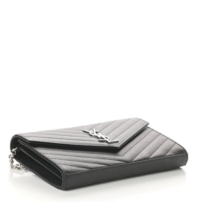 Saint Laurent Grain De Poudre Matelasse Chevron Monogram Chain Wallet Black 4 of 10