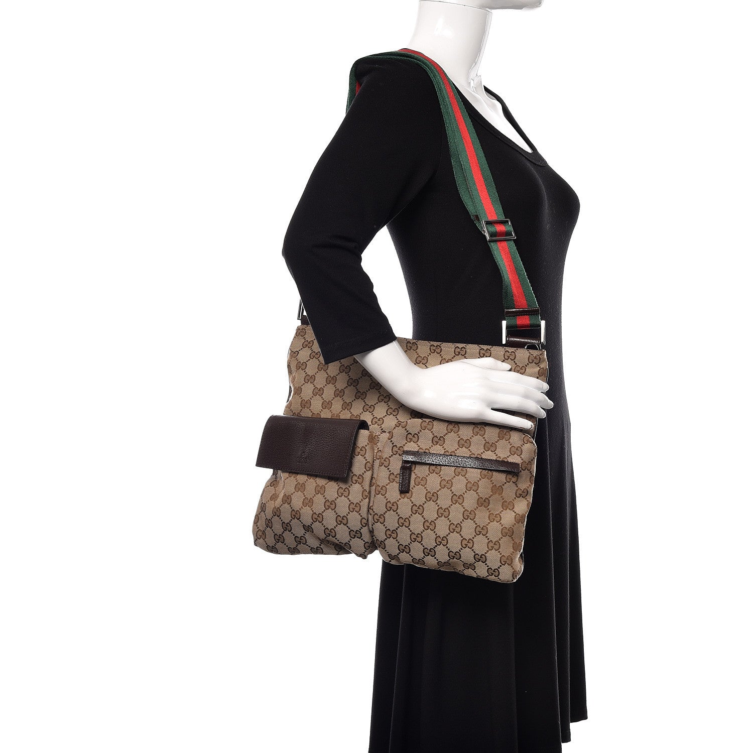 Gucci Monogram Web Medium Double Pocket Messenger Bag Dark Brown 2 of 10