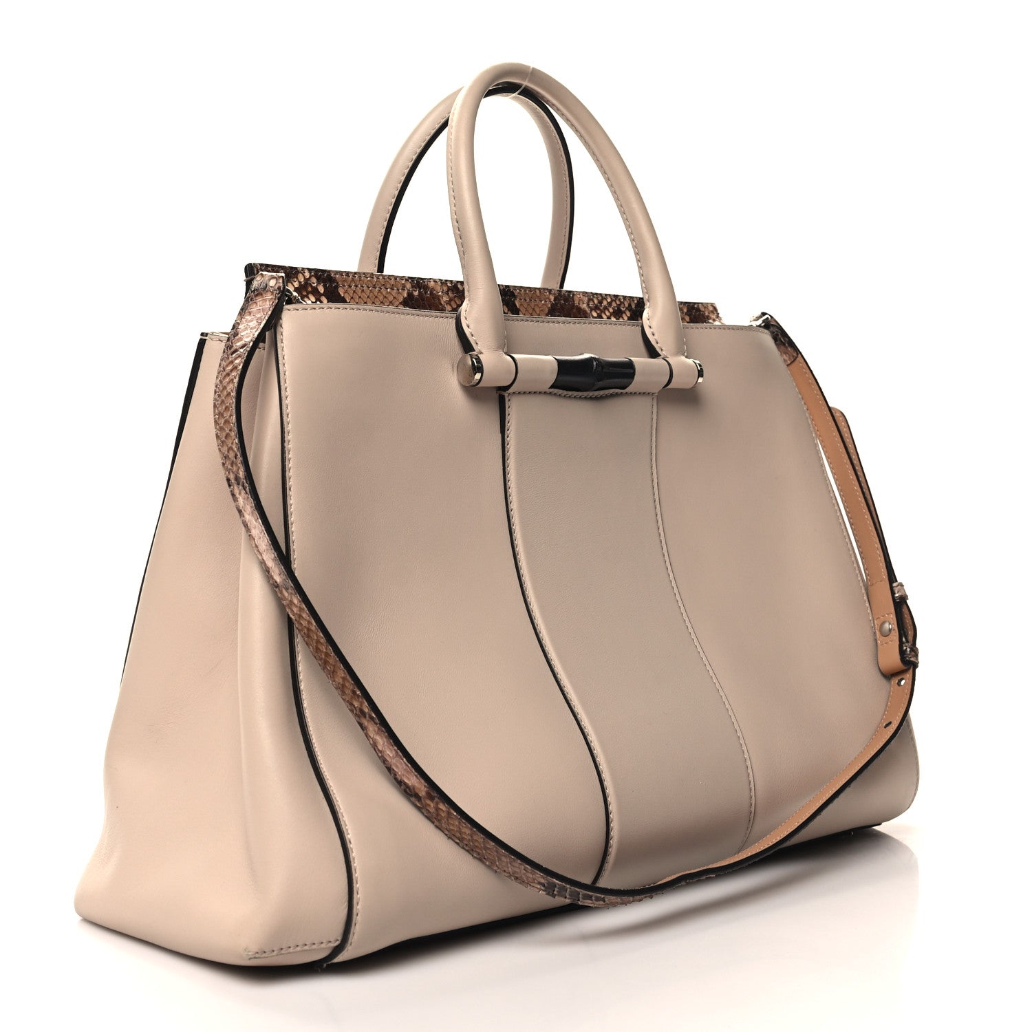 Gucci Calfskin Snakeksin Lady Bamboo Top Handle Bag Nude 3 of 13