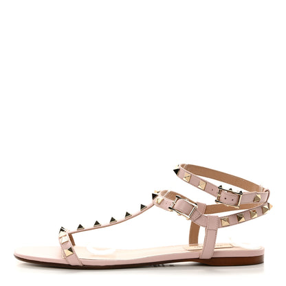 Valentino Garavani Calfskin Rockstud Ankle T-Strap Flat Sandals 39.5 Water Rose 1 of 9