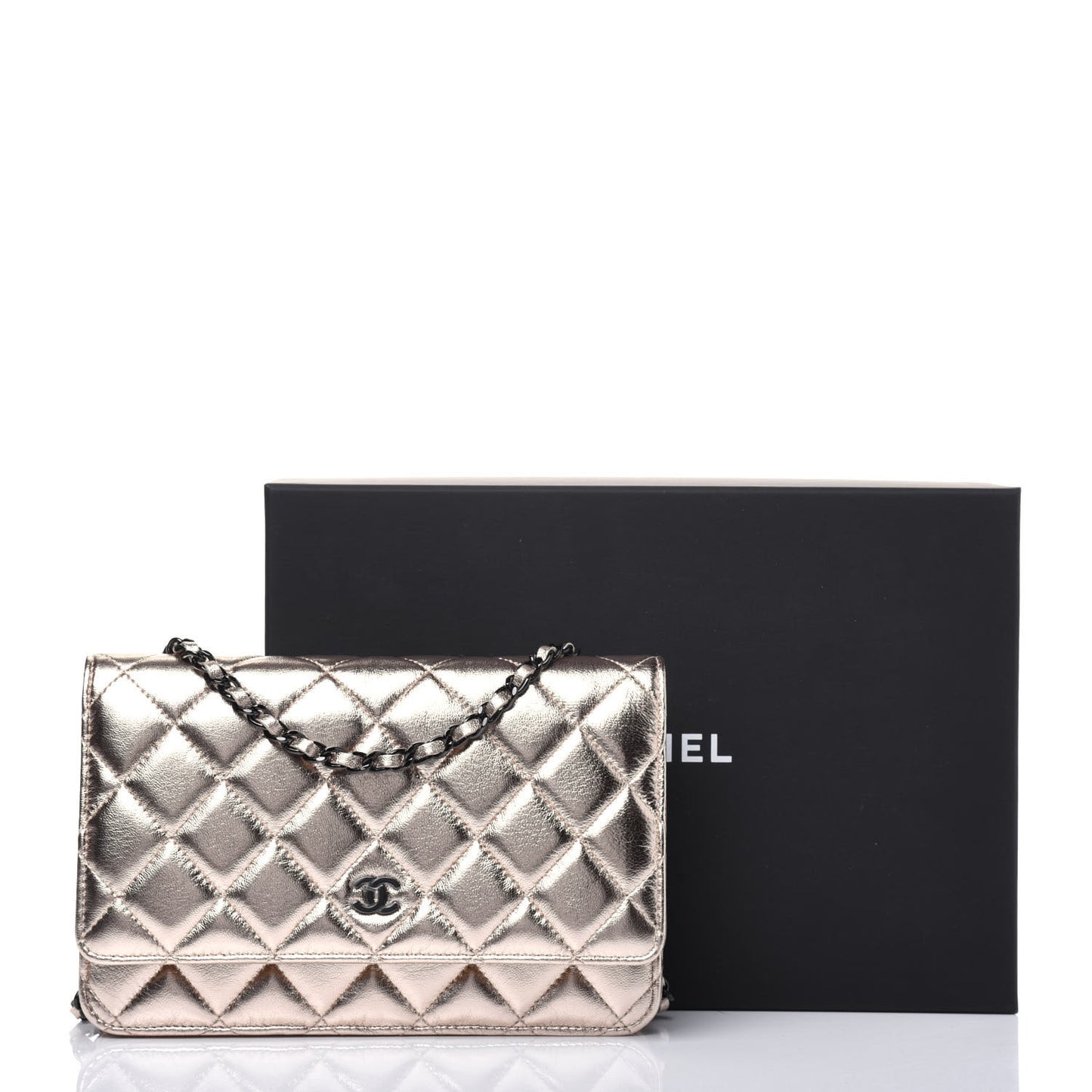 Metallic Lambskin Quilted Wallet On Chain WOC Gold Black