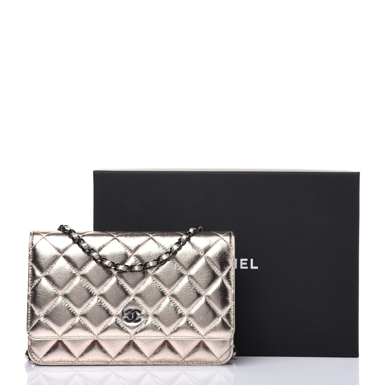 Chanel Metallic Lambskin Quilted Wallet On Chain WOC Gold Black 14 of 14