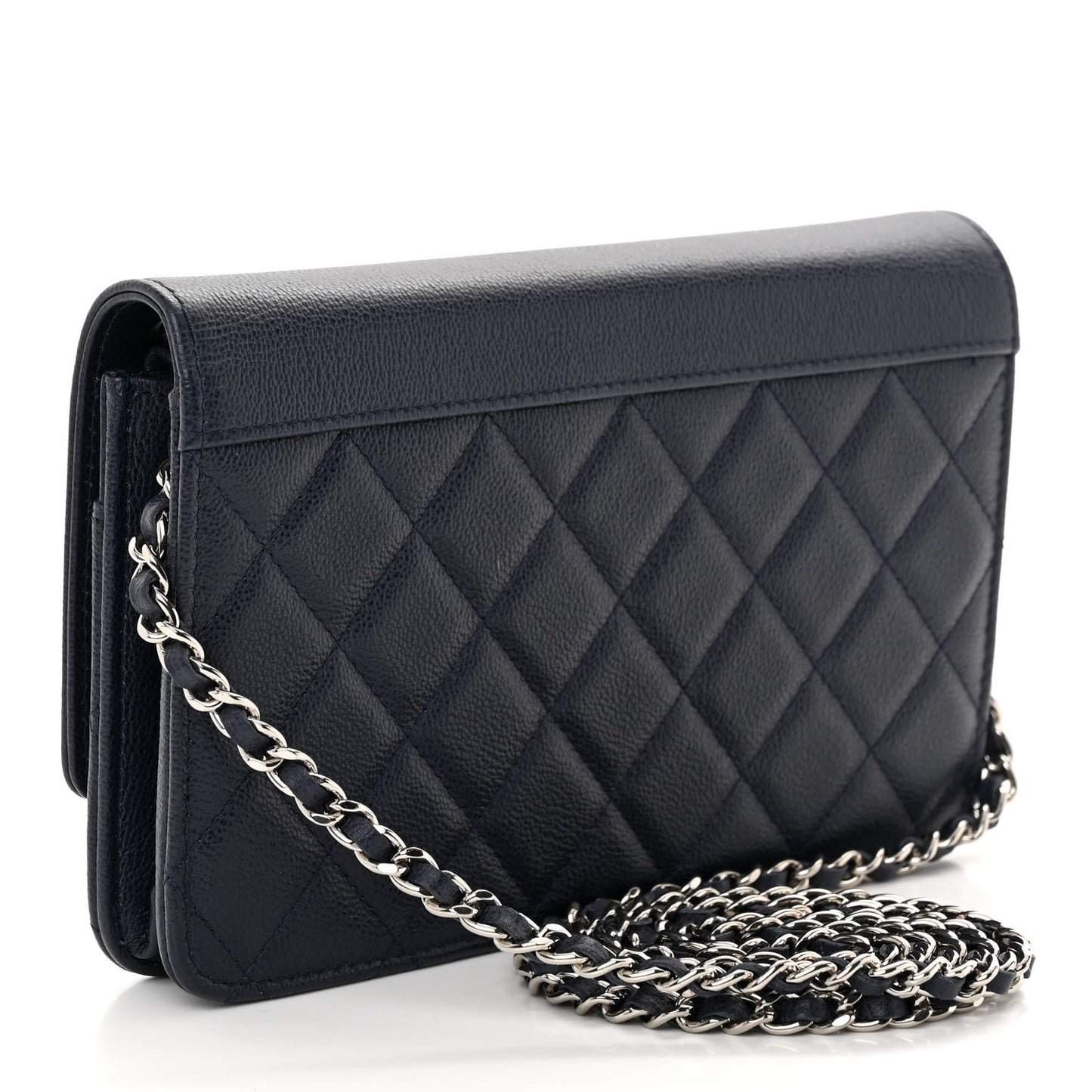 Grained Calfskin Quilted CC Box Wallet On Chain WOC Navy