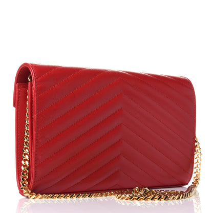 Saint Laurent Grain De Poudre Matelasse Chevron Monogram Chain Wallet Red 2 of 4