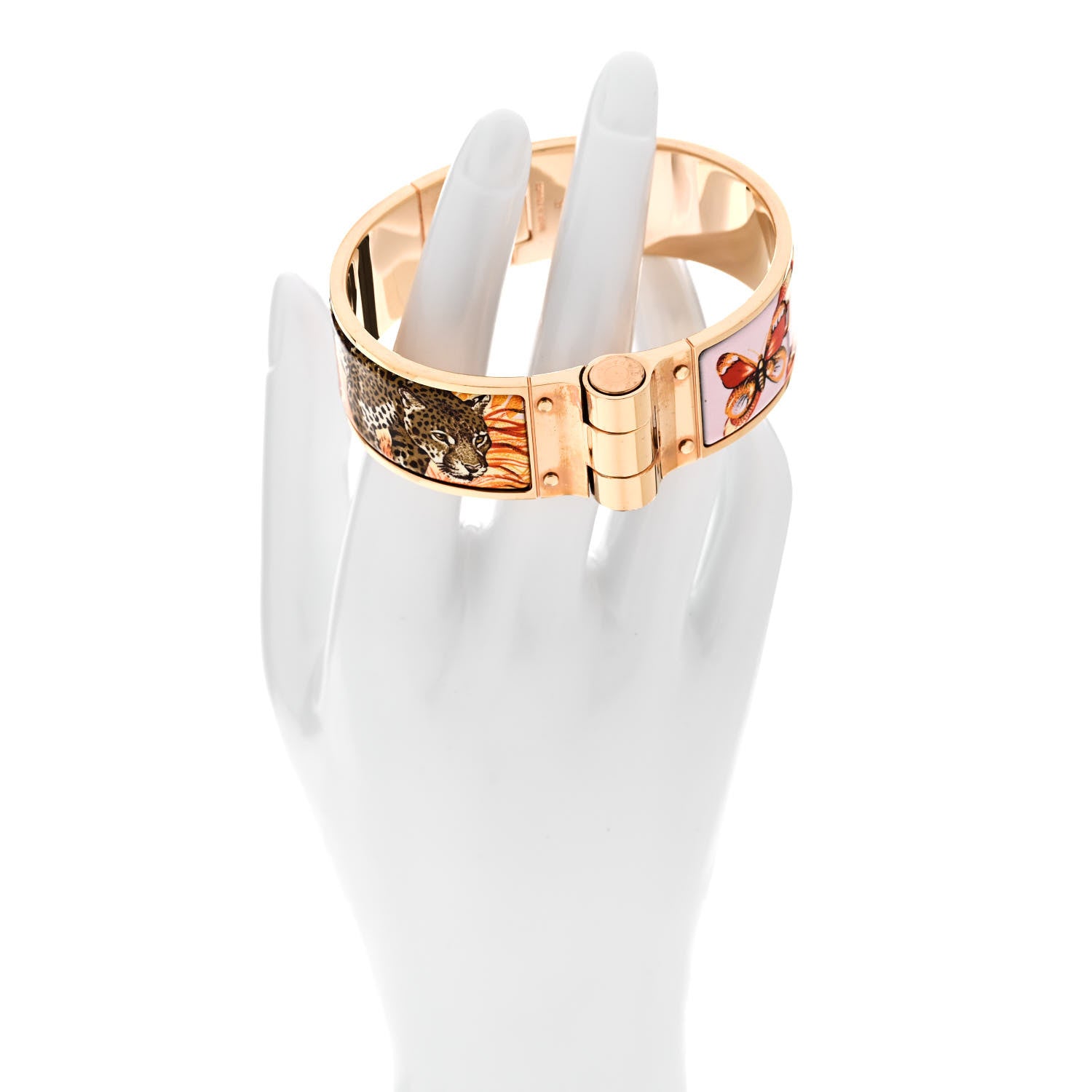 Hermes Enamel Printed Equateur Wide Hinged Bracelet L La Vie En Orange 2 of 5
