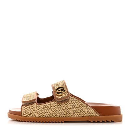Gucci GG Raffia Womens Slide Sandals With Straps 37.5 Natural Harness Brown 1 of 10