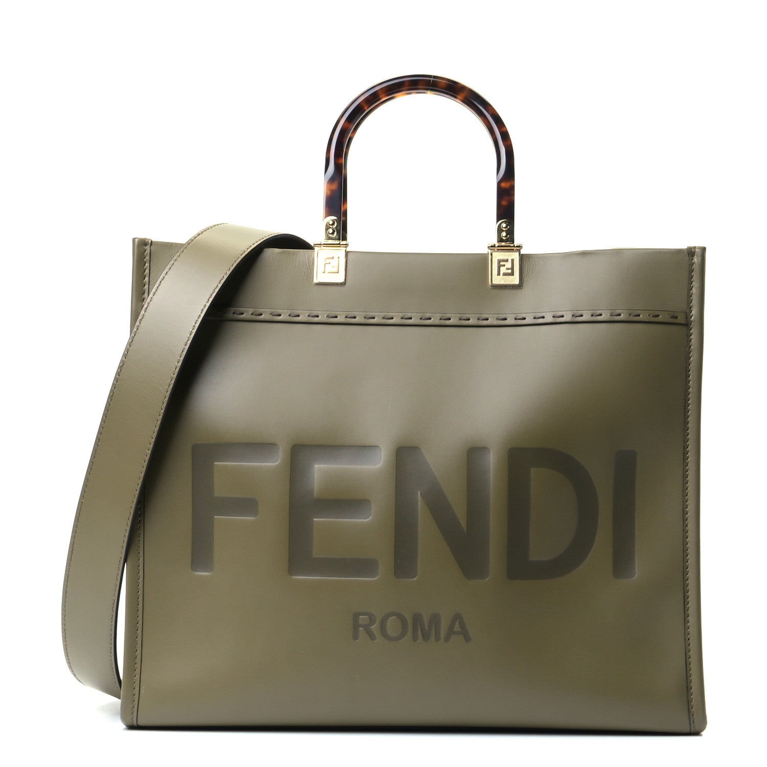 Fendi Vitello King Plexiglass Logo Embossed Medium Fendi Sunshine Shopper Tote Wood 1 of 4