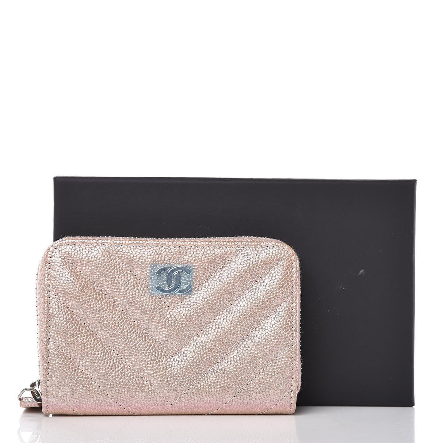 Metallic Caviar Chevron Quilted Zip Around Coin Purse Light Gold