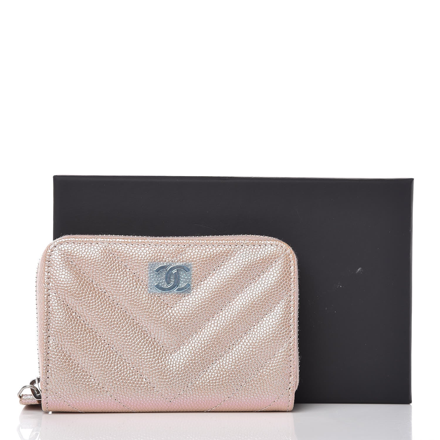 Chanel Metallic Caviar Chevron Quilted Zip Around Coin Purse Light Gold 8 of 8