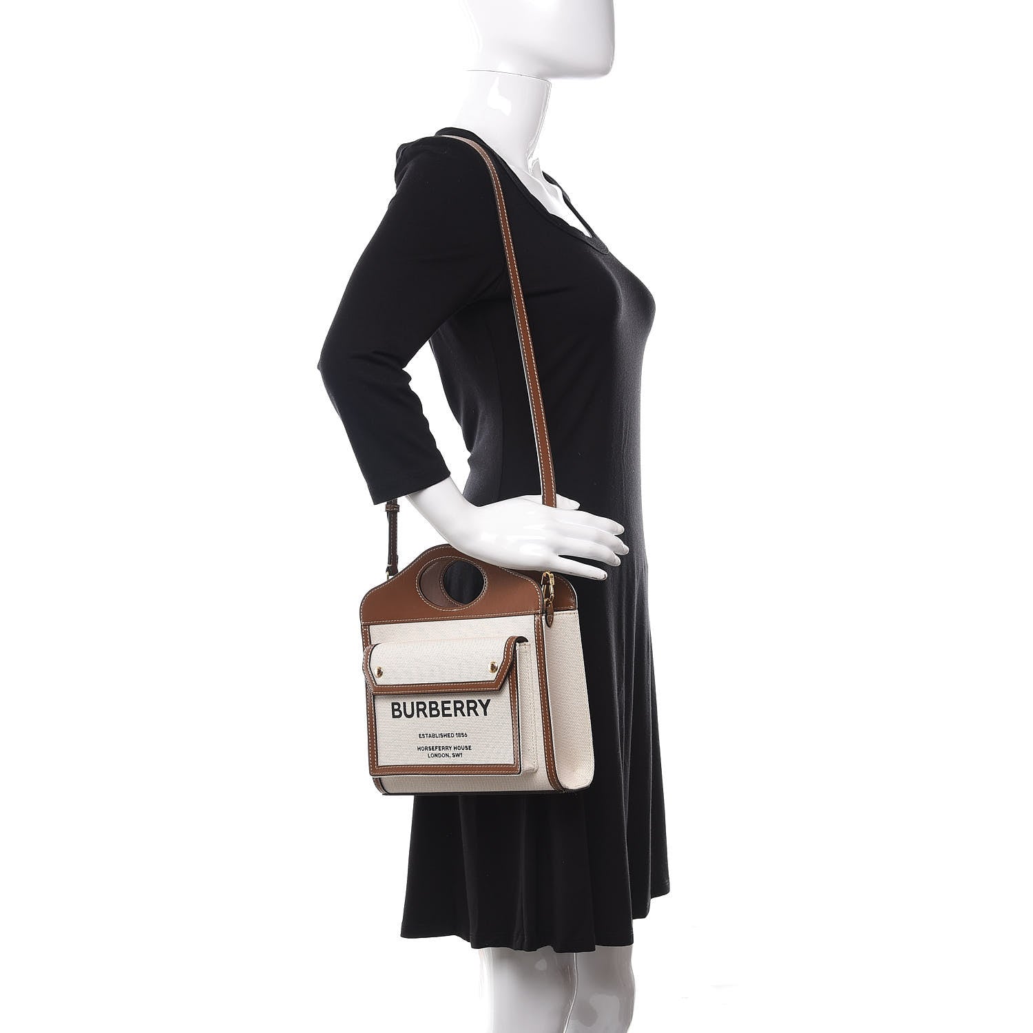 Burberry Canvas Smooth Calfskin Two Tone Mini Pocket Bag Natural Malt Brown 2 of 10