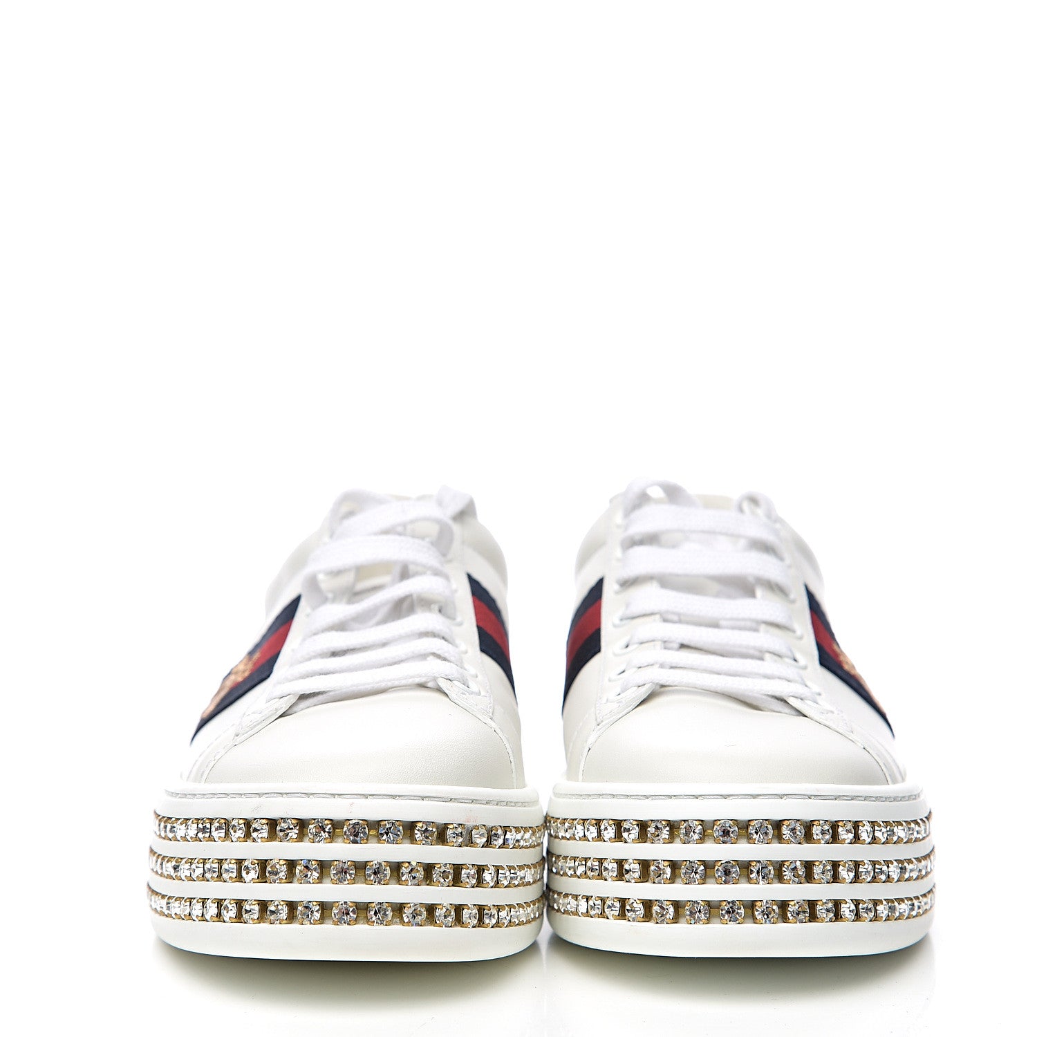 Gucci Calfskin Crystal Web Bee Embroidered Womens Ace Platform Sneakers 36 White 2 of 10