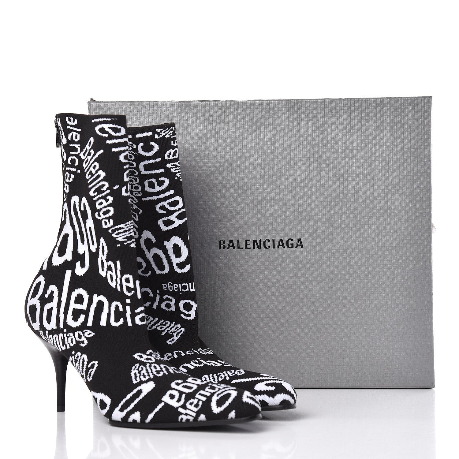Balenciaga Knit Jacquard Curved Typo Booties 38.5 Black White 8 of 8