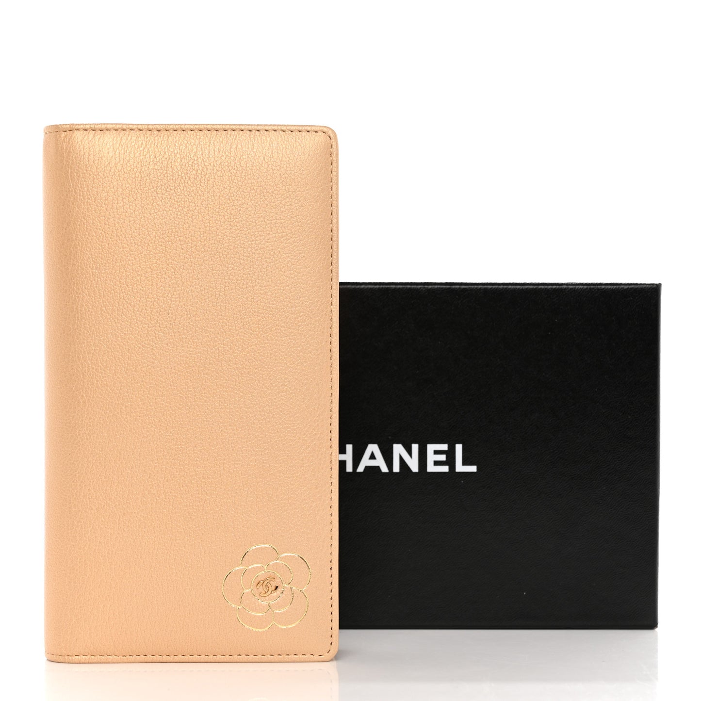 Metallic Goatskin Camellia Yen Wallet Beige