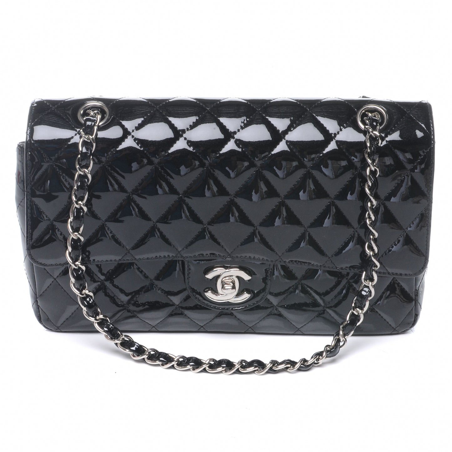 Glitter Patent Quilted Evening Star Medium Double Flap Black