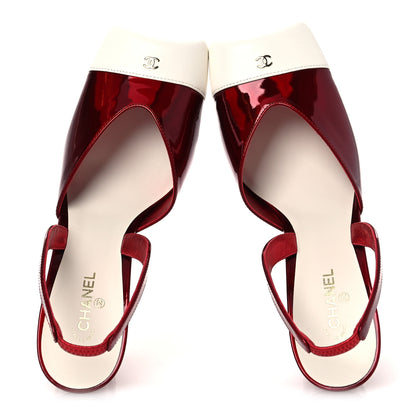 Chanel Laminated Calfskin Lambskin Cap Toe CC Slingback Pumps 39 Red Ivory 2 of 11